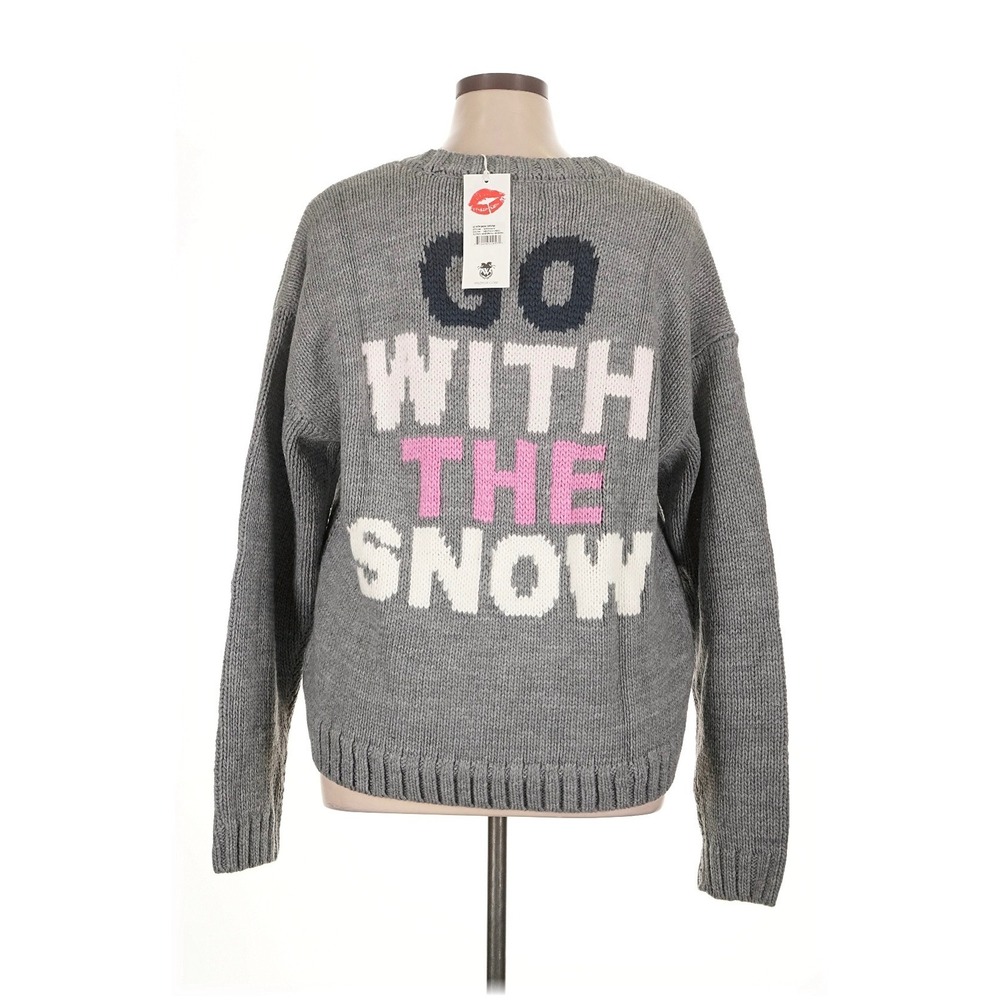 Wildfox Pullover Sweater Womens‎ XL Grey NEW Go With The Snow Graphic Knit